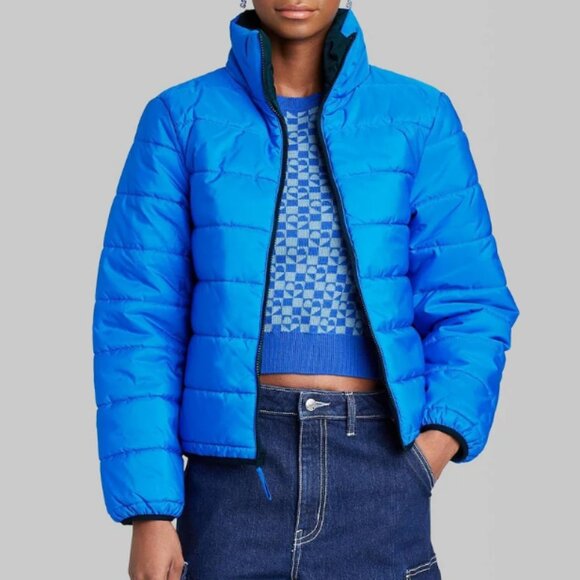 wild fable Jackets & Blazers - Wild Fable Electric Blue Zip Front Quilted Puffer Jacket Boxy High Collar MI3